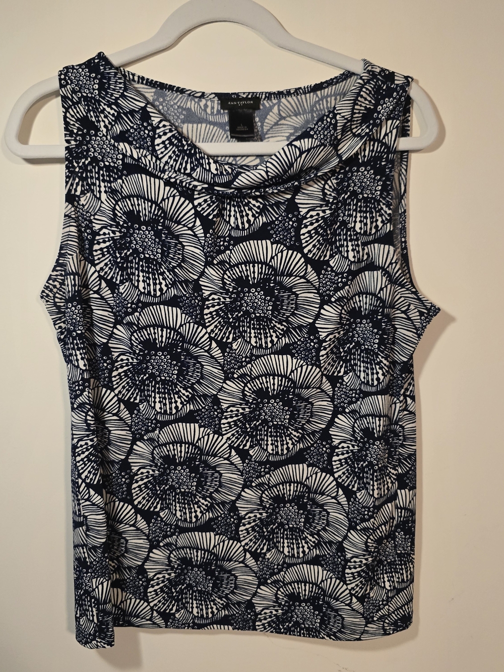 Ann Taylor Navy & White Floral Cowl Neck Tank